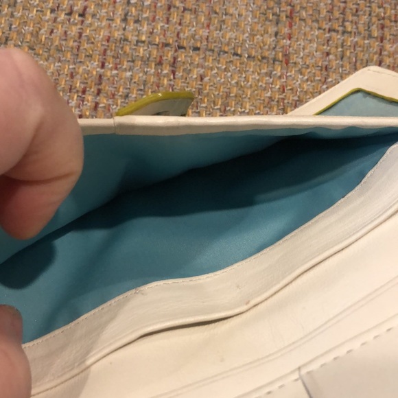 COLE HAAN Ivory Calfskin & Vachetta Leather Long Bifold Wallet Turquoise Lining - Picture 13 of 17